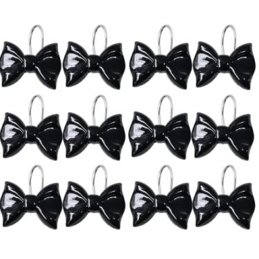 Imagem de YOINIUEM Conjunto de 12 ganchos de cortina de chuveiro com laço preto, anéis decorativos de resina para varões de chuveiro padrão, fáceis de instalar e duráveis