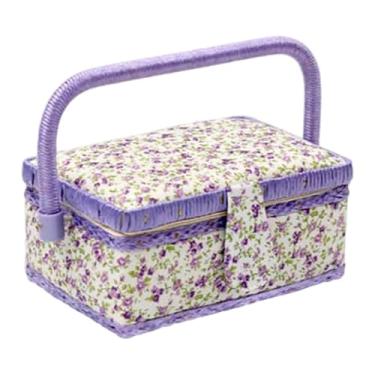 Imagem de Baoblaze Cesta de costura manual com alça de transporte 19x13x10 cm com bandeja removível, exterior de madeira e tecido, organizador de linhas versátil, Style D
