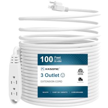 Imagem de K KASONIC - Cabo de extensão de 3 saídas de 3 metros, certificado UL, 16/3 SJTW 3 fios aterrado, 10 Amp 125 V 1625 Watts, uso interno/externo, branco