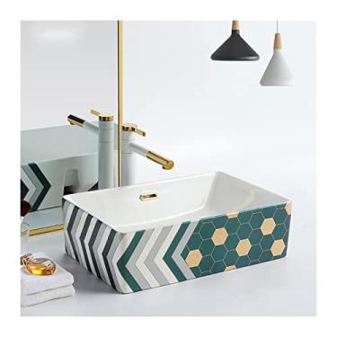 Imagem de Pia de banheiro retangular de cerâmica para vaso de banheiro, 48 cm x 38 cm acima do balcão pia de bancada de porcelana com ralo pop-up e pia de vaso de torneira