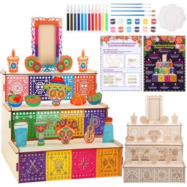 Imagem de Pasimy Conjunto de caixa de madeira Dia de Los Muertos Altar Ofrenda Ofrenda com canetas de colorir, conjunto de tinta aquarela, lembrança, sombra, presente, suprimentos de altar para decoração do Dia