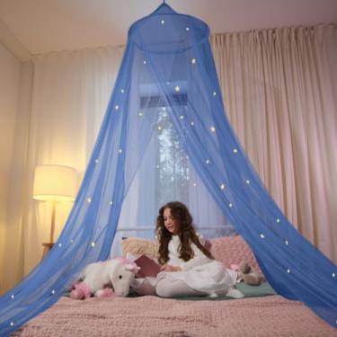 Imagem de Cama de dossel azul, dossel de cama azul com estrelas que brilham no escuro para meninas, meninos, crianças e bebês, uso de rede para cobrir o bebê, crianças, meninas ou cama de casal, tecido