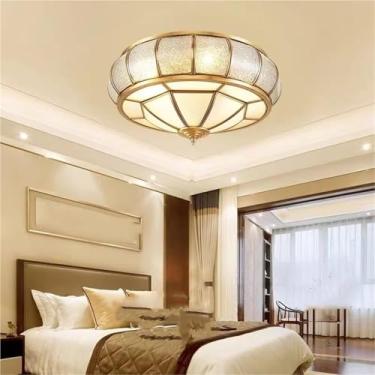 Imagem de Luminária de teto de cobre LED para sala de estar, quarto, estudo, villa, estilo americano retrô, lustre de teto de vidro de latão dourado, lâmpadas de lustre