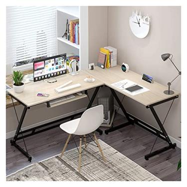 Imagem de AKALNNB Mesa de PC Moderna Minimalista Canto Escrivaninha PC Laptop Mesa PC em Forma de L Estação de Trabalho com Bandeja de Teclado Moldura de Metal Estável em Forma de Z Mobiliário de Escritório