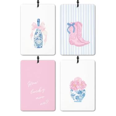 Imagem de Chinoiserie Botas de vaqueira rosa peônia champanhe para carro 4 peças, preppy rosa e azul arco arco pendurado aromatizador de ar para livros de gaveta de armário, acessórios de carro chinoiserie