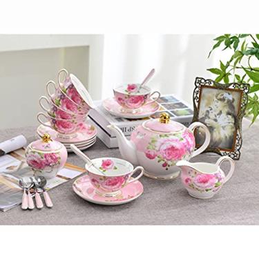 Imagem de Conjuntos de chá da tarde com bule de chá, serviço de chá para casamento, xícaras de café e pires, açucareiro, pote de leite, porcelana fina branca, 15 peças, rosa (verde) (rosa)