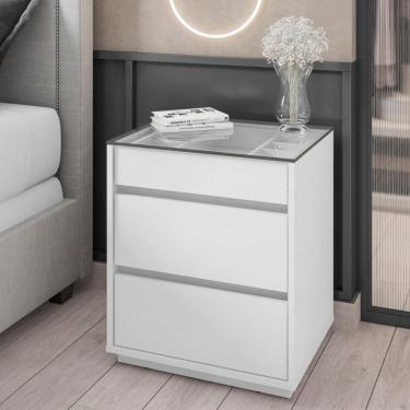 Imagem de Mesa de Cabeceira com Tampo de Vidro 3 Gavetas Belize Casa D - Branco