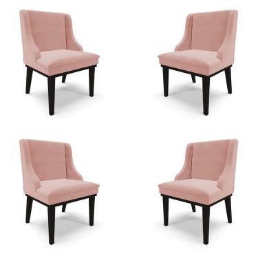 Imagem de Kit 4 Cadeiras Decorativas Sala de Jantar Base Fixa de Madeira Firenze Veludo Rosê/Preto G19 - Gran Belo
