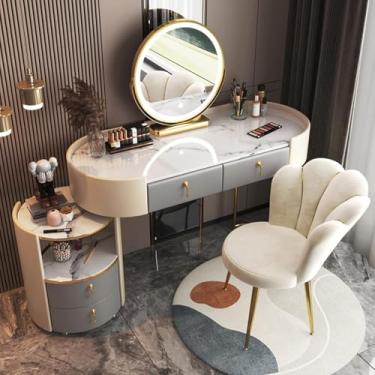 Imagem de Penteadeira Com Espelho Iluminado E Cadeira De Veludo, Penteadeira Grande, Mesa De Quarto, Tampo De Mesa Com Efeito De Mármore, Pernas De Metal Dourado, Grey-100cm/39.3inch