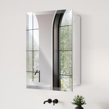 Imagem de Armário de remédios para banheiro com porta única – espelho chanfrado sem moldura, armário retangular montado na parede para banheiro, vaso sanitário ou cozinha, suporte embutido ou em superfície