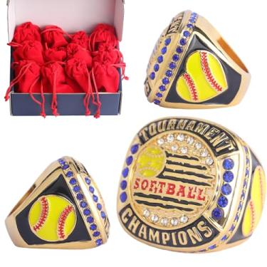 Imagem de TOPSPORTSJEWELRY Pacote com 12 peças de anel de troféu de campeonato de bandeira de softbol de coração presente para palyers de times campeões de torneios tamanho 9,5 (pacote com 12 anéis campeões)