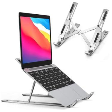 Imagem de Suporte para Notebook em Alumínio, Ajustável com 6 Ângulos, Dobrável e Ergonômico, Base para Mesa de Trabalho