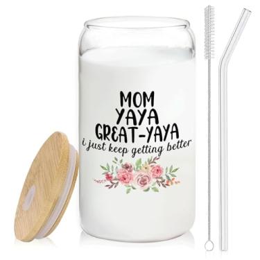 Imagem de BEHIFL Melhores presentes de Natal para avó mãe Yaya Great Yaya copo de café de vidro com tampa e canudos 400 ml - copo de vidro presentes de natal para avó