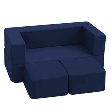 Imagem de MeMoreCool Sofá infantil modular conversível, sofá infantil de espuma, sofá dobrável de pelúcia macia para quarto, móveis infantis com capa removível lavável, azul marinho