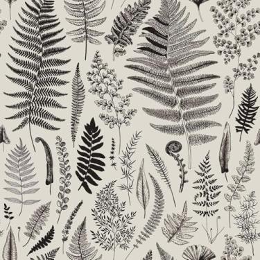 Imagem de WalRiddle Papel de parede preto e branco cinza de folha de planta botânica descascar e colar papel de parede fácil de remover papel de contato adesivo para banheiro, impermeável, adequado para