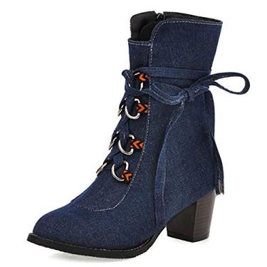 Imagem de Bigfanshu Botas femininas de cano curto e botas tamanho grande cabeça redonda jeans grosso com mulheres no tubo, Azul prussiano, 47 M EU