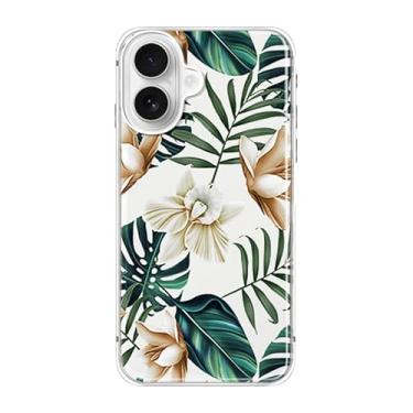 Imagem de Blingy's Capa para iPhone 17, estampa de flores da selva tropical com design de folhas de palmeira capa protetora transparente de TPU macio de 6,3 polegadas (samambaia de pétala branca)