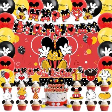 Imagem de 40 peças de decoração de festa de aniversário de rato de desenho animado bandeira vermelha descartável de feliz aniversário, topos de bolo, balões suprimentos de festa decorações de chá de bebê