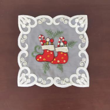 Imagem de Jogo americano quadrado pequeno de renda conjunto de 4 toalhas de mesa de renda de macramê bordado de Natal para festa de casamento tapete de vaso de café 30,5 x 30,5 cm, meias de Natal