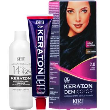 Imagem de Coloração semi-permanente em creme para cabelos, Sem amônia com cistina, Demi Color, 40 g de Demi Color e 80ml de emulsão 14 Vol, Keraton, Nº 2.0 Preto Azulado