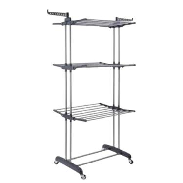 Imagem de Varal de Chão Dobrável com 3 Andares, Bandejas e Cabideiro, Rack de Secagem Cinza, Multiuso