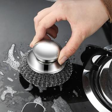 Imagem de Pacote com 5 esfregadores de panela de aço inoxidável com alça, escovas de lã de aço resistentes à ferrugem para cozinha, utensílios de cozinha, pia, churrasqueira, azulejo e mais – conjunto de