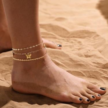 Imagem de Tornozeleiras femininas à prova d'água de ouro/prata 14K, elos cubanos, conjunto de tornozeleiras em camadas com contas de coração e strass para presente, Medium, Latão, Sem Pedra Preciosa