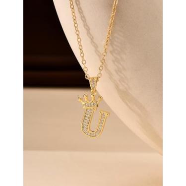 Imagem de 1 colar de coroa de diamante banhado a prata com letra A-Z para mulheres, joia fina, presente para mamãe, 40+6cm, Cobre, Sem Pedra Preciosa