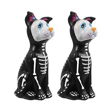 Imagem de TOYANDONA Estatueta de cachorro do Dia dos Mortos, 2 peças de estátua de animal de caveira de açúcar de Halloween, escultura de esqueleto de resina para decoração de casa de Halloween, decoração de