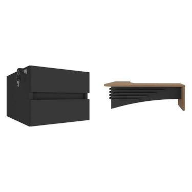 Imagem de Mesa para Escritório em L Diretor em Tamburato com 2 Gavetas com Chave Nogal/Preto