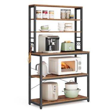 Imagem de VASAGLE Coffee Bar, rack de padeiro de 80 cm para cozinha com armazenamento, prateleiras de cozinha de 6 camadas com 6 ganchos, suporte de micro-ondas, industrial, marrom rústico e preto UKKS019B01