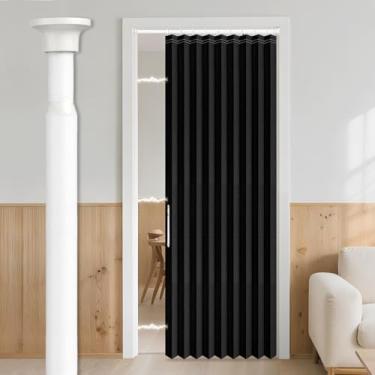 Imagem de Cortinas de porta deslizante AJAZZ 100% blackout para portas, cortinas sanfonadas magnéticas para quarto, sala de estar, conjuntos de cortinas (1 pacote, 111 L x 198 C, preto + varão)