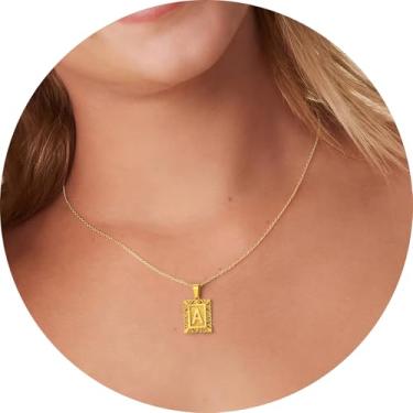 Imagem de Colar com letra inicial para mulheres, aço inoxidável banhado a ouro 18K, pingente retangular A–Z, corrente de 50,8 cm, 20in, Aço inoxidável, Sem Pedra Preciosa
