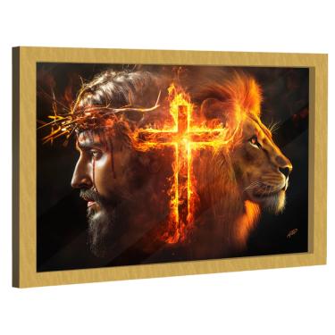 Imagem de Quadro Decorativo Jesus, Cruz e Leão Fogo