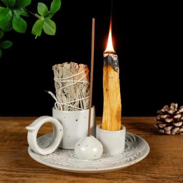 Imagem de MOUGIGI Queimador e suporte de cerâmica branca 5 em 1 Palo Santo – Pequena vela e bandeja de manchas para incenso, sálvia, acessório de altar de meditação zen – Compatível com fósforos para aromas