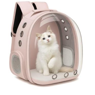 Imagem de CRB Mochila Transparente para Transporte de Gatos, Rosa, com Janela Panorâmica, Ventilação em Malha, Alças Ajustáveis, Bolsa de Viagem para Pets