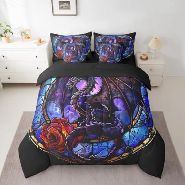 Imagem de Feelyou Jogo de cama casal com dragão, vitral, 5D, rosa, vida selvagem, dragão, profundo, animal, purpurina, para cama azul, conjunto de lençóis e fronhas