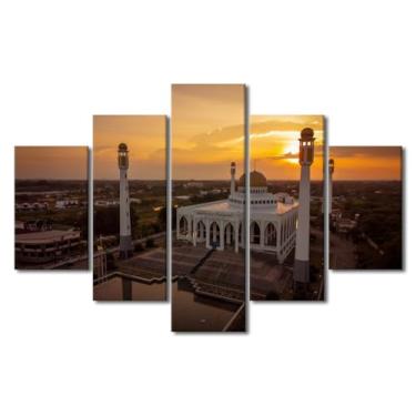 Imagem de Arte de parede em tela da mesquita do sul da Tailândia Imagens religiosas para sala de estar paisagem de 5 peças de lindo céu do pôr do sol decoração de casa emoldurada emoldurada pronta para pendurar