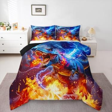 Imagem de Conjunto de edredom de dinossauro 3D, solteiro, para crianças, meninos, meninas, animais selvagens, respirável, macio, leve, microfibra, azul, laranja, amarelo, relâmpago, roupa de cama