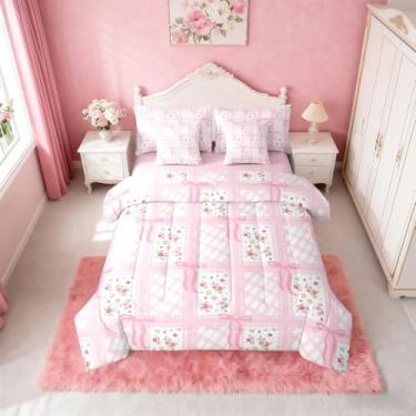 Imagem de Erosebridal Conjunto de cama de solteiro com laço rosa para meninas, princesa com laço de coquete, 7 peças, para crianças, conjunto de edredom moderno com laço, lençol com lençóis, rosa e branco