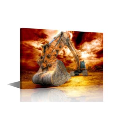 Imagem de Arte de parede escavadeira pesada pôr do sol no canteiro de obras arte de parede em tela 1 painel maquinaria pesada arte paisagem natural preto e branco pôsteres e impressões emoldurados prontos para
