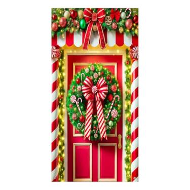 Imagem de BlissYard Merry Christmas Capa de porta de guirlanda de bengala doce, faixa decorativa de Natal de 89 x 188 cm com ornamentos de laço vermelho e bengalas de doces para decoração de varanda de Natal
