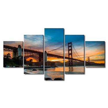 Imagem de 5 painéis de arte de parede em tela paisagem urbana linda ponte Golden Gate de São Francisco à noite imagem California Night View pintura em tela para decoração de parede de sala de estar emoldurada