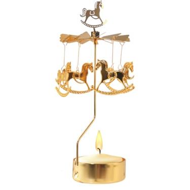 Imagem de Blinket Castiçal giratório de Natal para amantes de velas, castiçais de metal rotativos de carrossel dourado para festa de Natal, decoração de lareira de casamento romântico, decoração de casa
