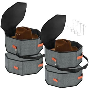 Imagem de VZZNN Pacote com 4 caixas de armazenamento de chapéus, com suporte de compensado, caixa de chapéu de cowboy para viagens e organização doméstica, com 4 ganchos de porta para mulheres e homens (cinza)