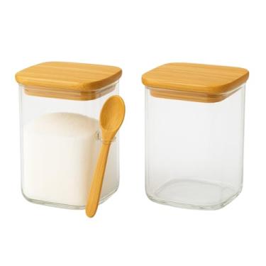 Imagem de Kit 2 Potes de Vidro Com Tampa de Bambu e Colher Açucareiro Hermético 8,5 cm Ideal Para Organização e Decoração da Cozinha Premium