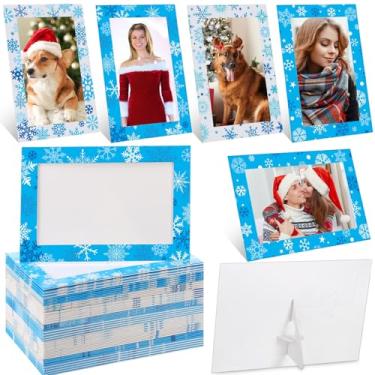 Imagem de Qunclay 50 peças de enfeites de Natal, molduras de papel, 10 x 15 cm, com suporte, molduras de papelão, para decoração de pendurar em árvore de Natal (branco, azul, estilo floco de neve)