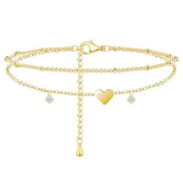 Imagem de Poxtex Tornozeleira feminina de prata esterlina à prova d'água, zircônia cúbica 925 banhada a prata e pingente de coração, tornozeleiras delicadas para mulheres, conjunto de tornozeleiras de corrente