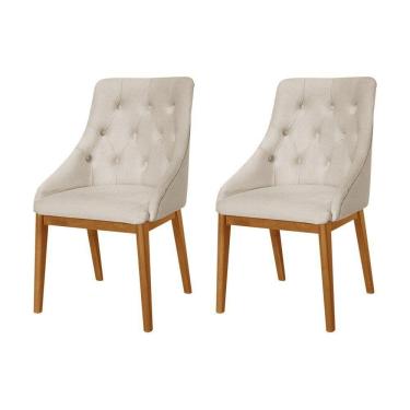 Imagem de Kit 2 Cadeiras De Jantar Luxo Estofada Elisa Anatômica Capitonê Linho Bege Base Madeira Maciça Mel