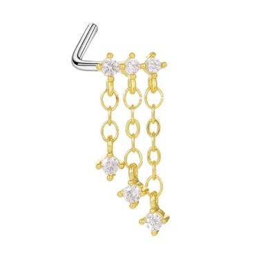 Imagem de Niaspi Anel de nariz feminino com borla de zircônia cúbica de 20 g de aço inoxidável minúsculo strass em forma de L para piercing de nariz pendente, joia de piercing de narina, 20g, Aço inoxidável